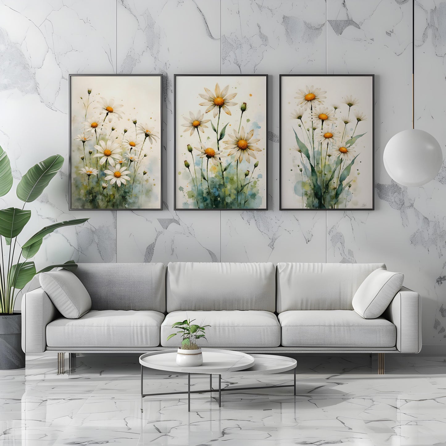 Daisies Watercolor Digital Art – Set of 4 Prints in 6 Standard Sizes for Instant Download - Triptych Wall Art