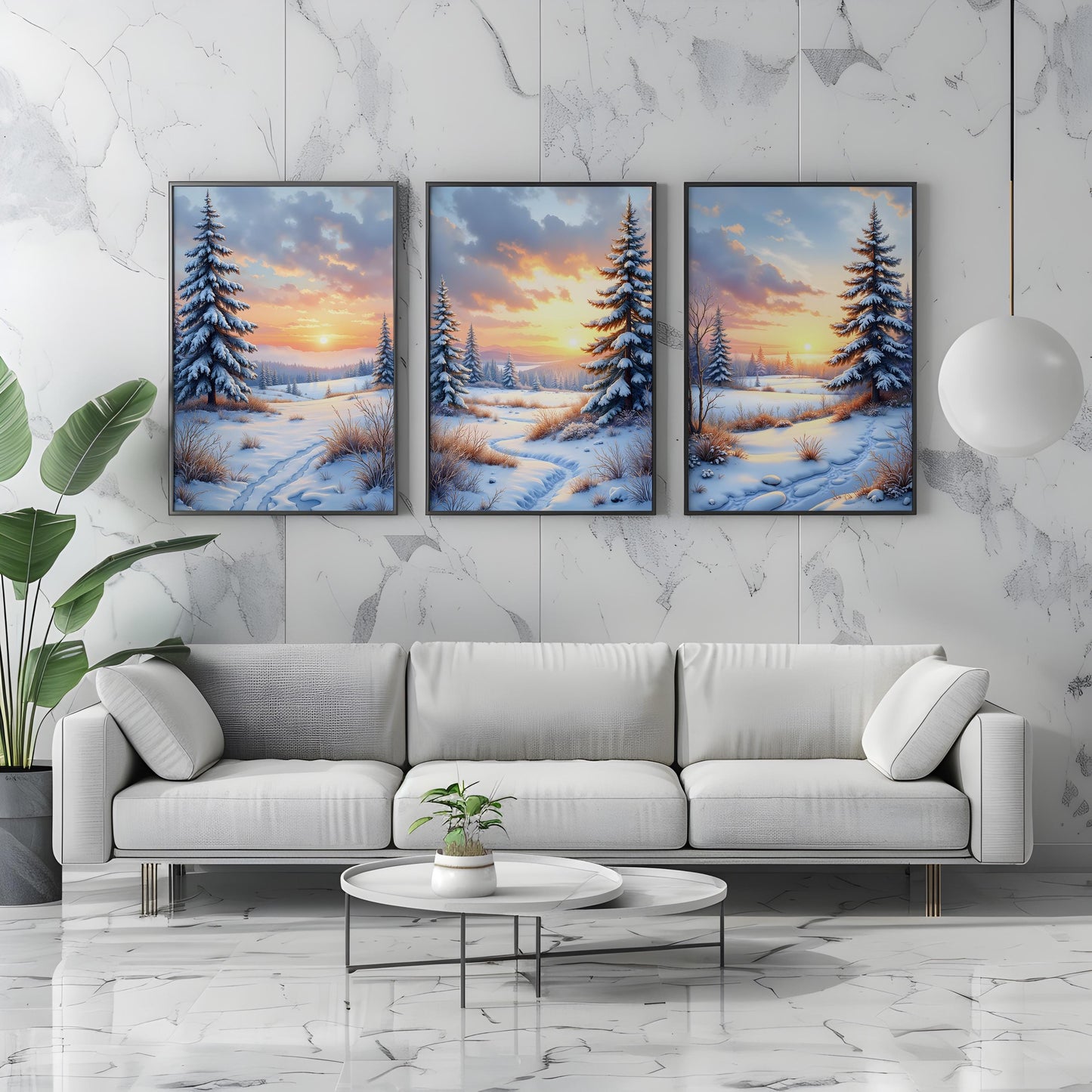 Sunrise Over Snowy Landscape | Winter Morning Digital Wall Art | Printable Nordic Scenery Set of 3