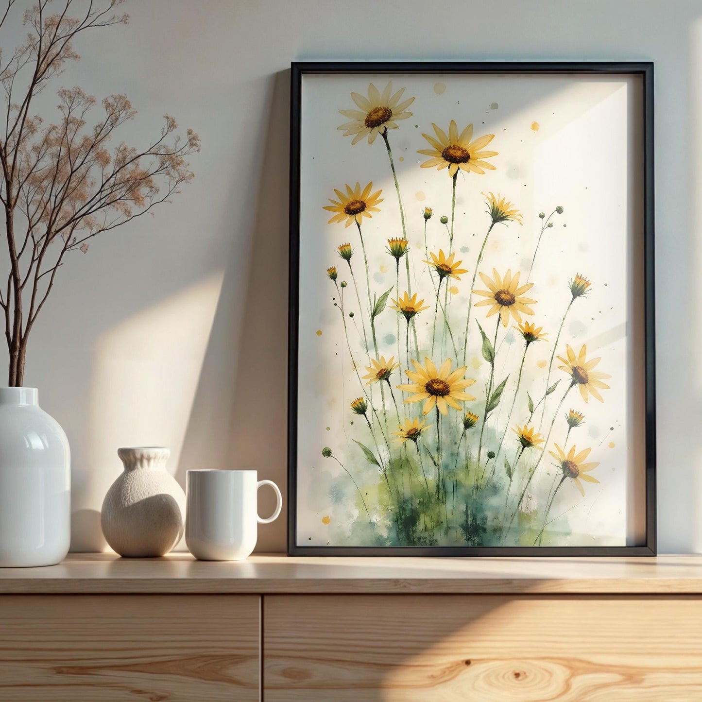 Daisies Watercolor Digital Art – Set of 4 Prints in 6 Standard Sizes for Instant Download - Triptych Wall Art