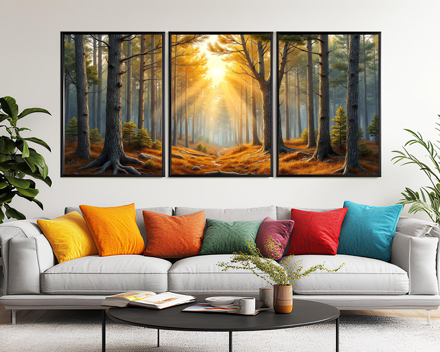 Pine Forest Sunrise Triptych | Surreal Wall Art | Digital Painting Triptych | Elegant & Beautiful Wall Art | Digital Art Download