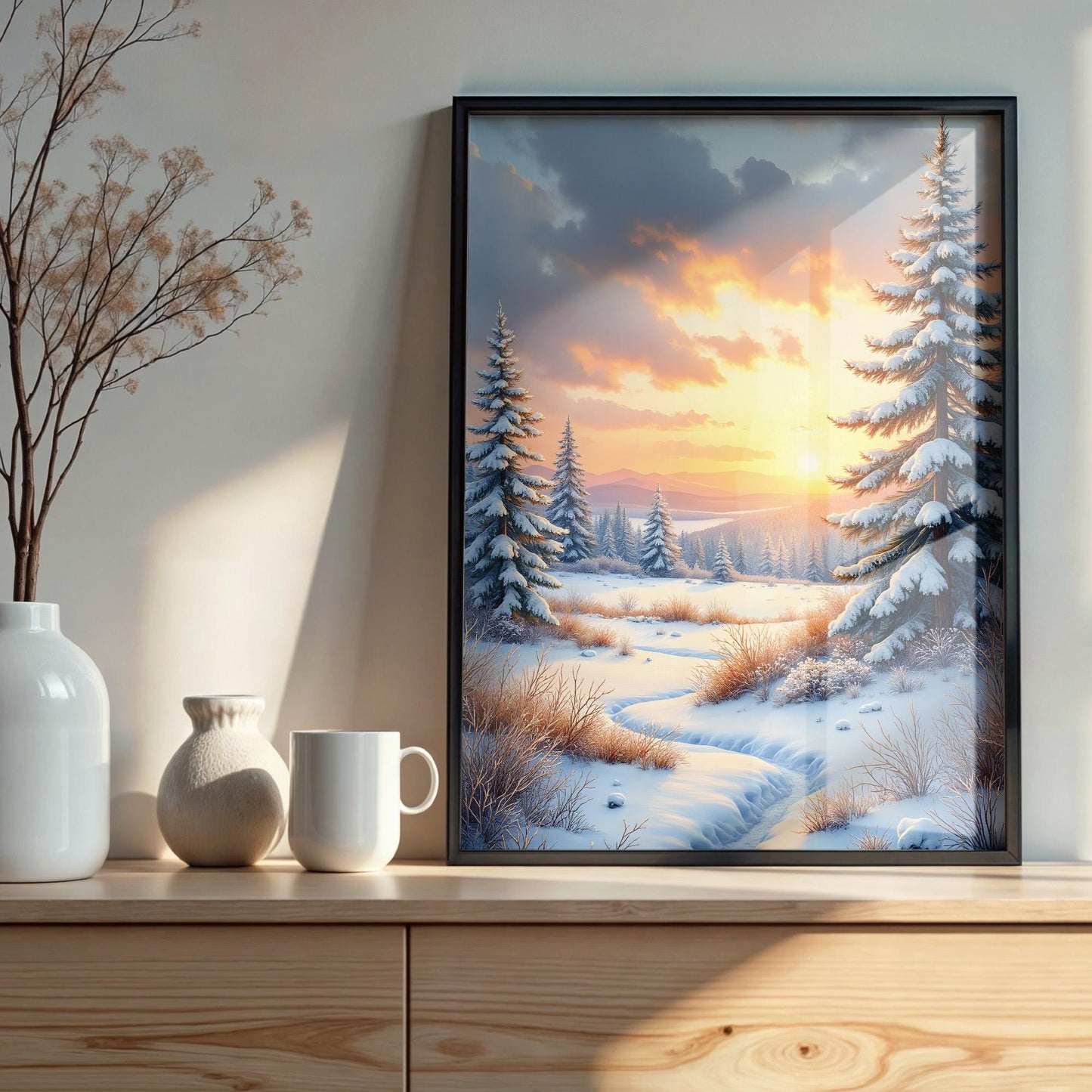 Sunrise Over Snowy Landscape | Winter Morning Digital Wall Art | Printable Nordic Scenery Set of 3