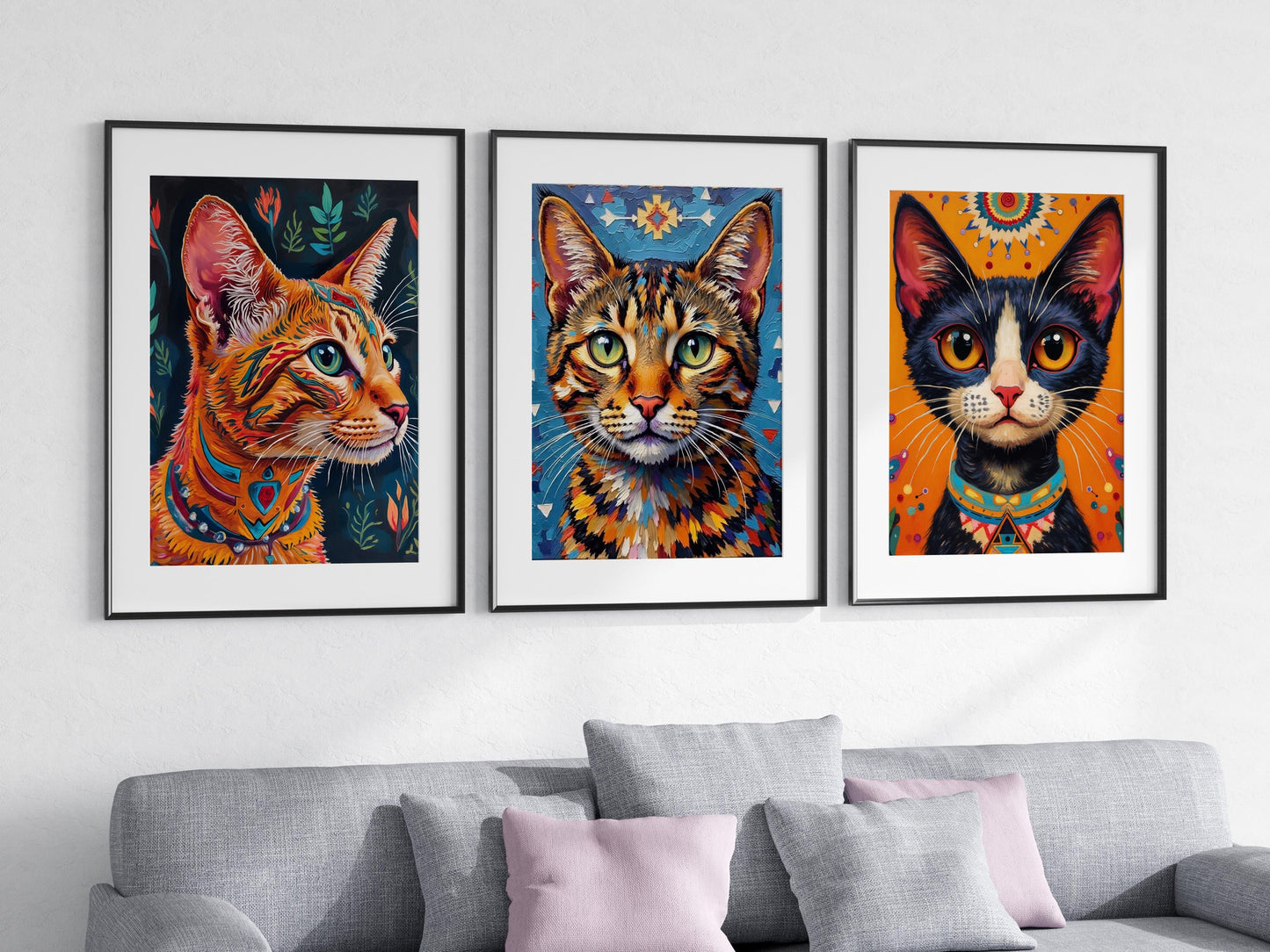 Navajo Cat Art Prints – Digital Wall Art Set of 3, Geometric Pattern Cats, High-Res Printable Decor