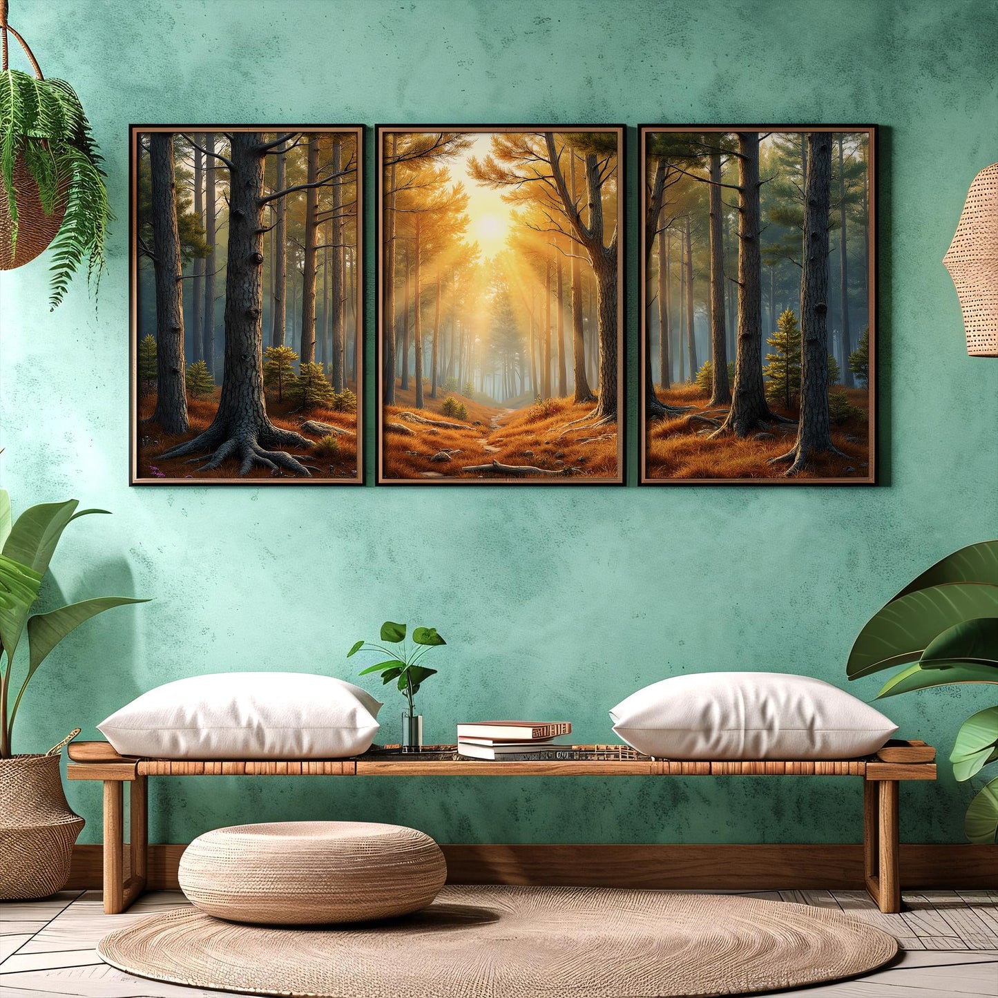 Pine Forest Sunrise Triptych | Surreal Wall Art | Digital Painting Triptych | Elegant & Beautiful Wall Art | Digital Art Download