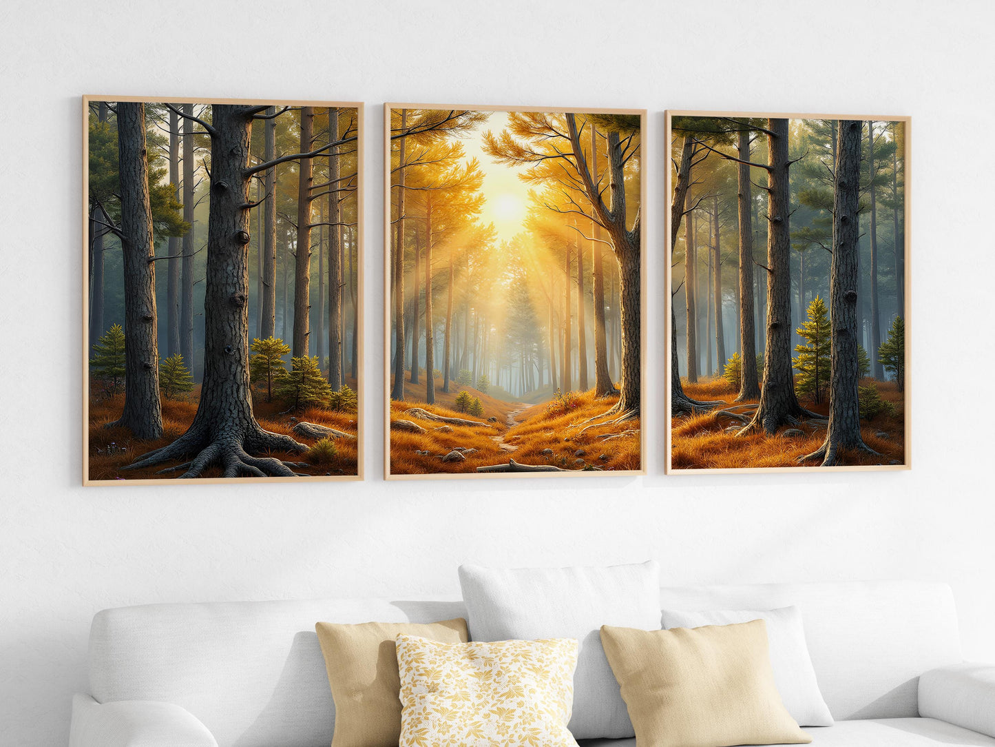 Pine Forest Sunrise Triptych | Surreal Wall Art | Digital Painting Triptych | Elegant & Beautiful Wall Art | Digital Art Download