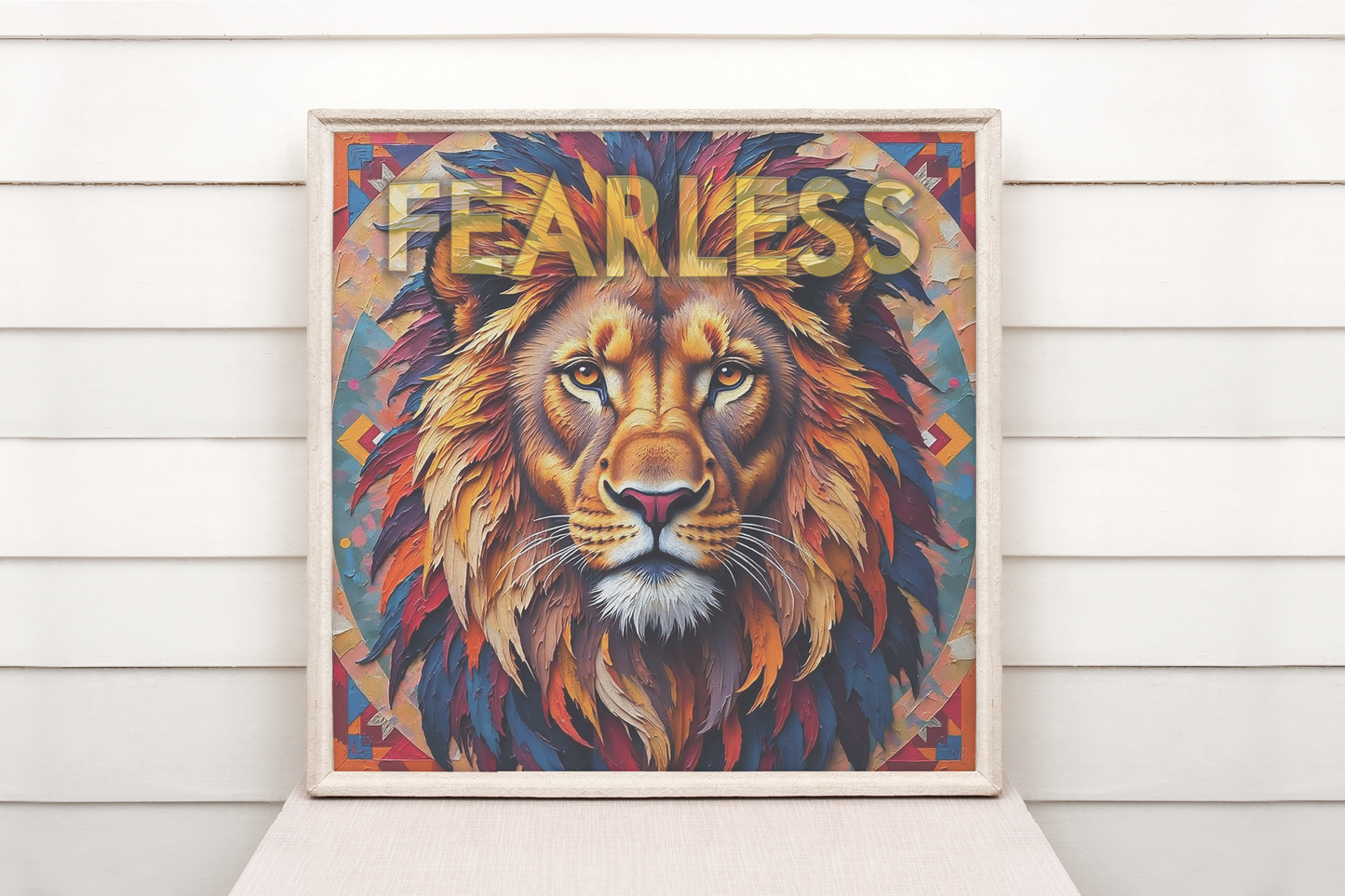 Lion Face Digital Art – "FEARLESS" Typography | Navajo Geometric Pattern | High-Res 1:1 JPEG