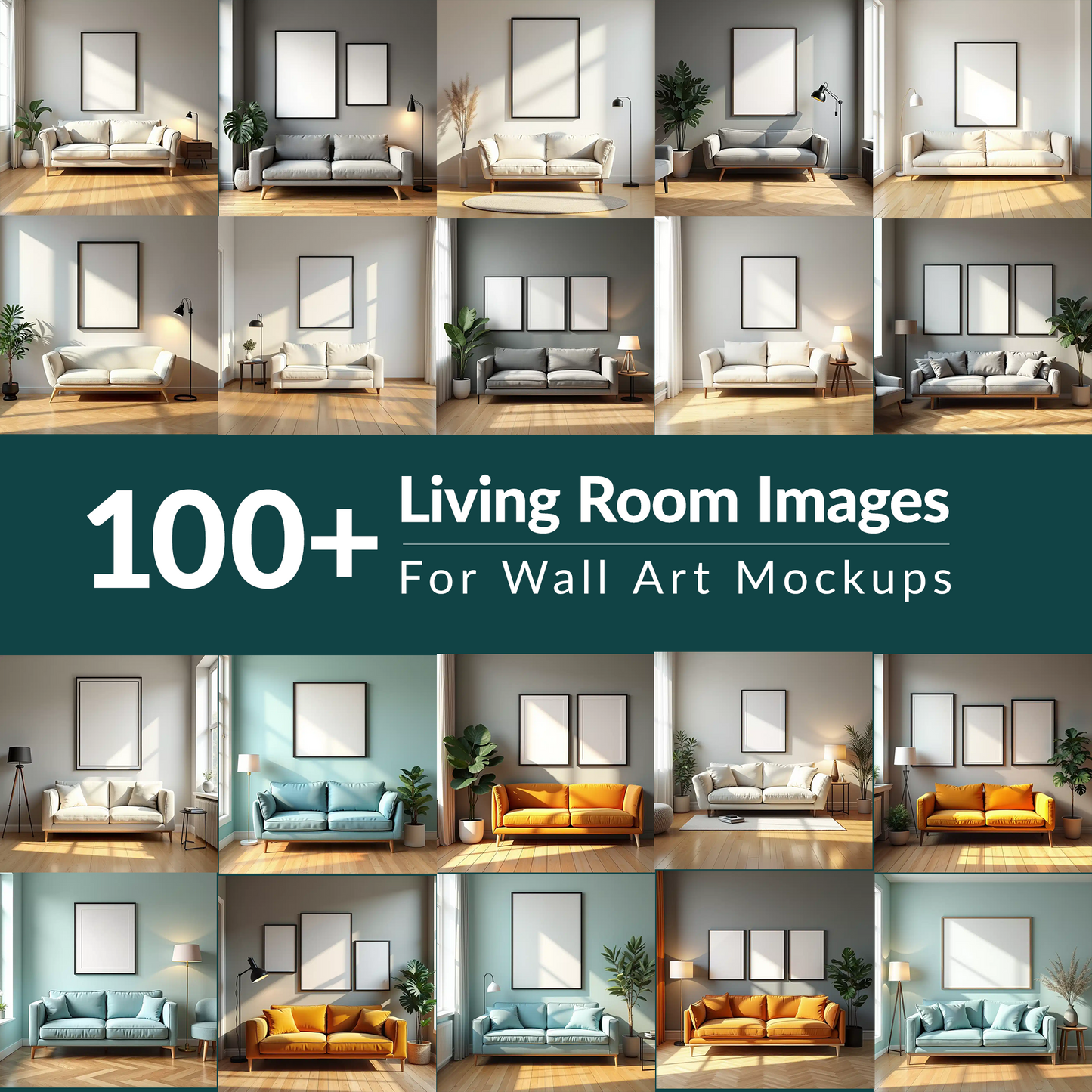 100+ Living Room for Wall Art Mockup Bundle | Empty Frame for PSD or Canva Mockups | Digital Download WEBP