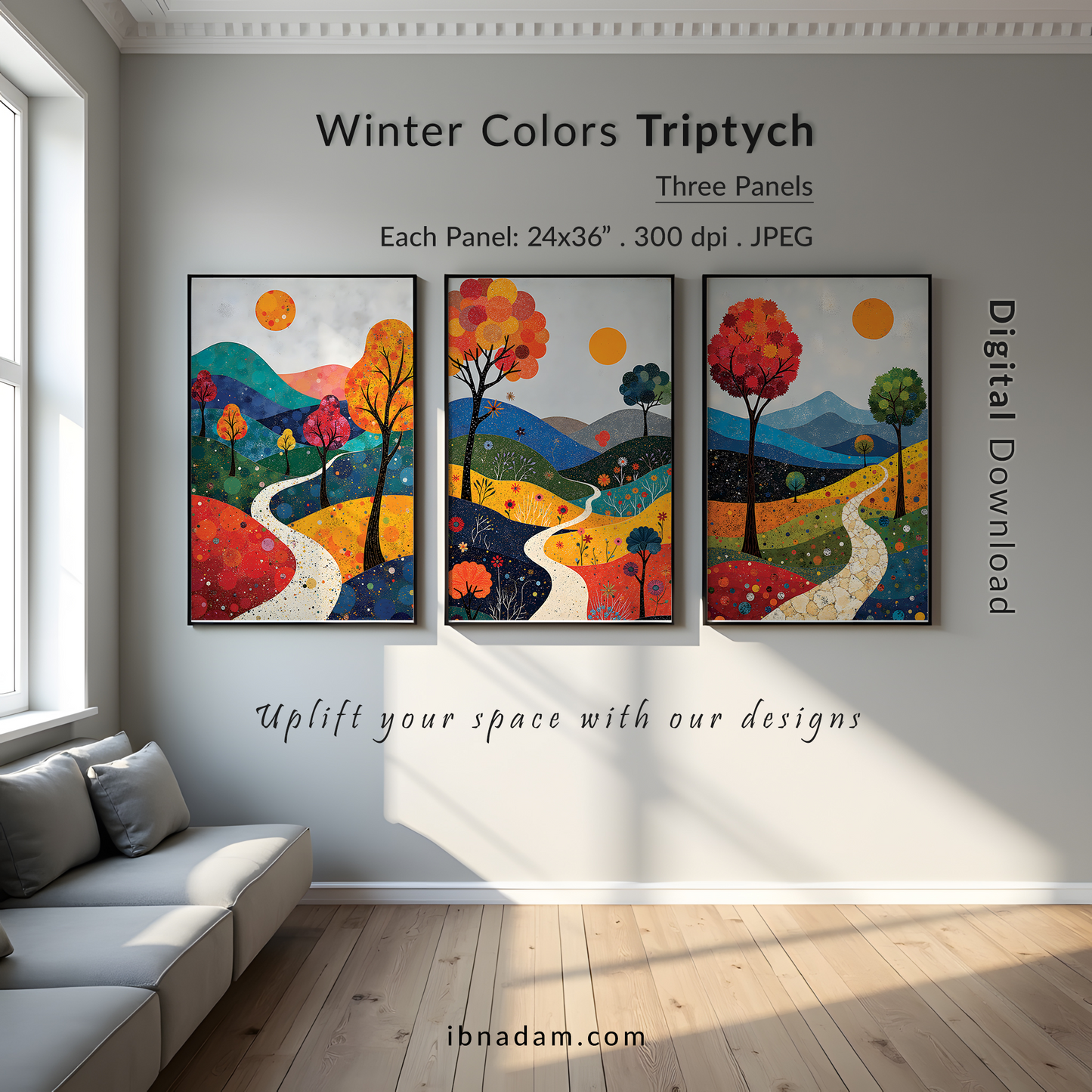 December Landscape Triptych, Vibrant Mixed Media Wall Art, Winter Digital Download, 3 Panel Printable Artwork, 24x36 JPG, Modern Living Room Decor