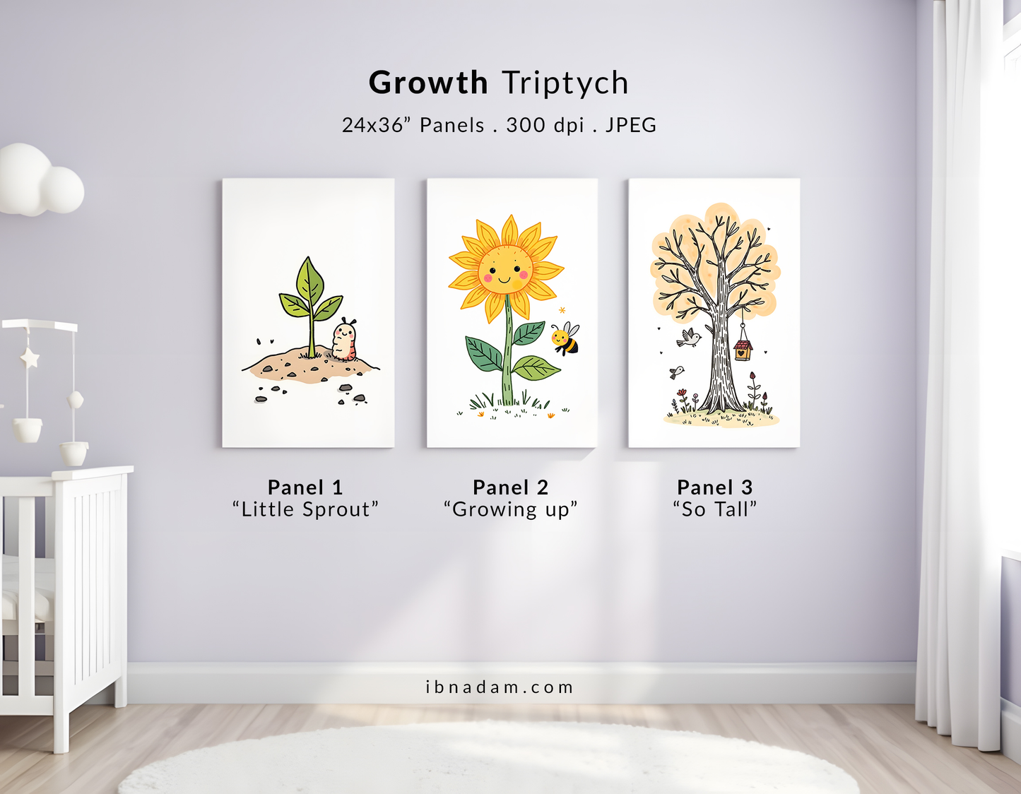 Growth Triptych Doodle Art | Kids Room Wall Decor | Nursery Printable Art | 24x36" High-Res JPG | Classroom Growth Theme | Digital Download