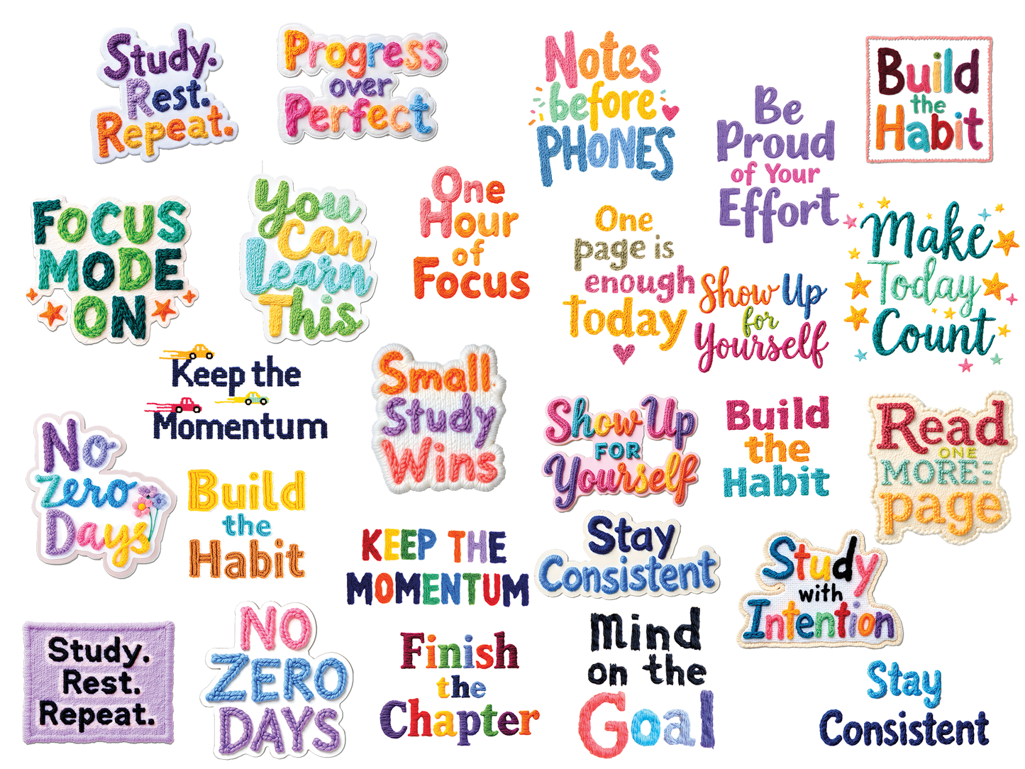 Stickers Study Motivation Quotes | 78 High Quality PNG Stickers Pack for DIY Projects | Digital Download