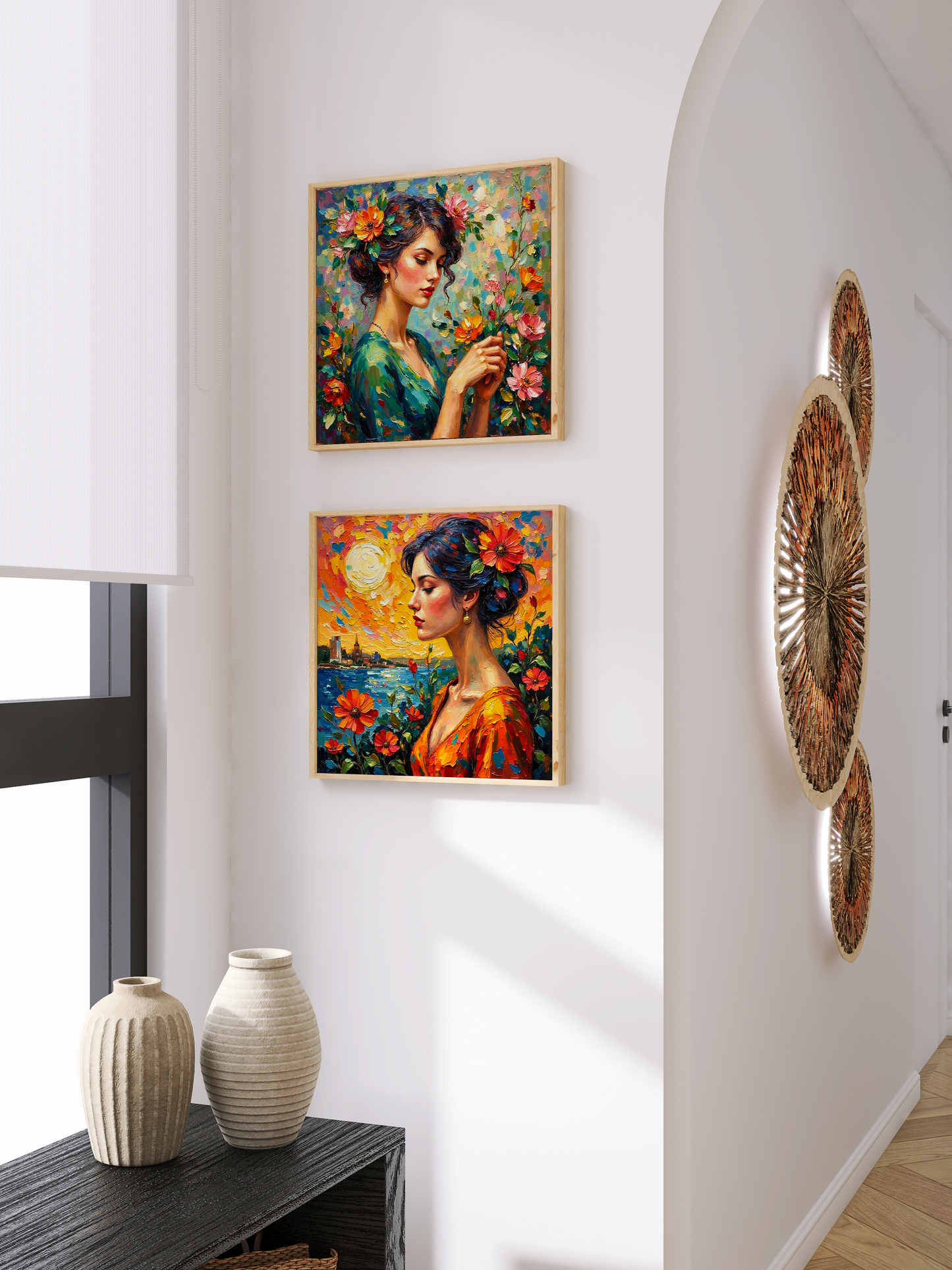 Beautiful Women Art Nouveau Prints – Digital Wall Art Set of 4, Elegant Vintage Style, High-Res Square Art