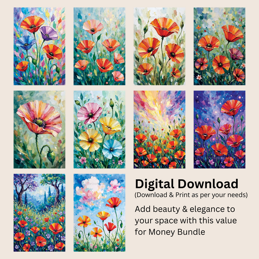 Bundle of 10 Wild Poppy Flower Oil Paintings | Digital Download Wall Art | Large 24x36 inch 300 DPI Prints for Living Room, Bedroom, Kitchen, Office Decor