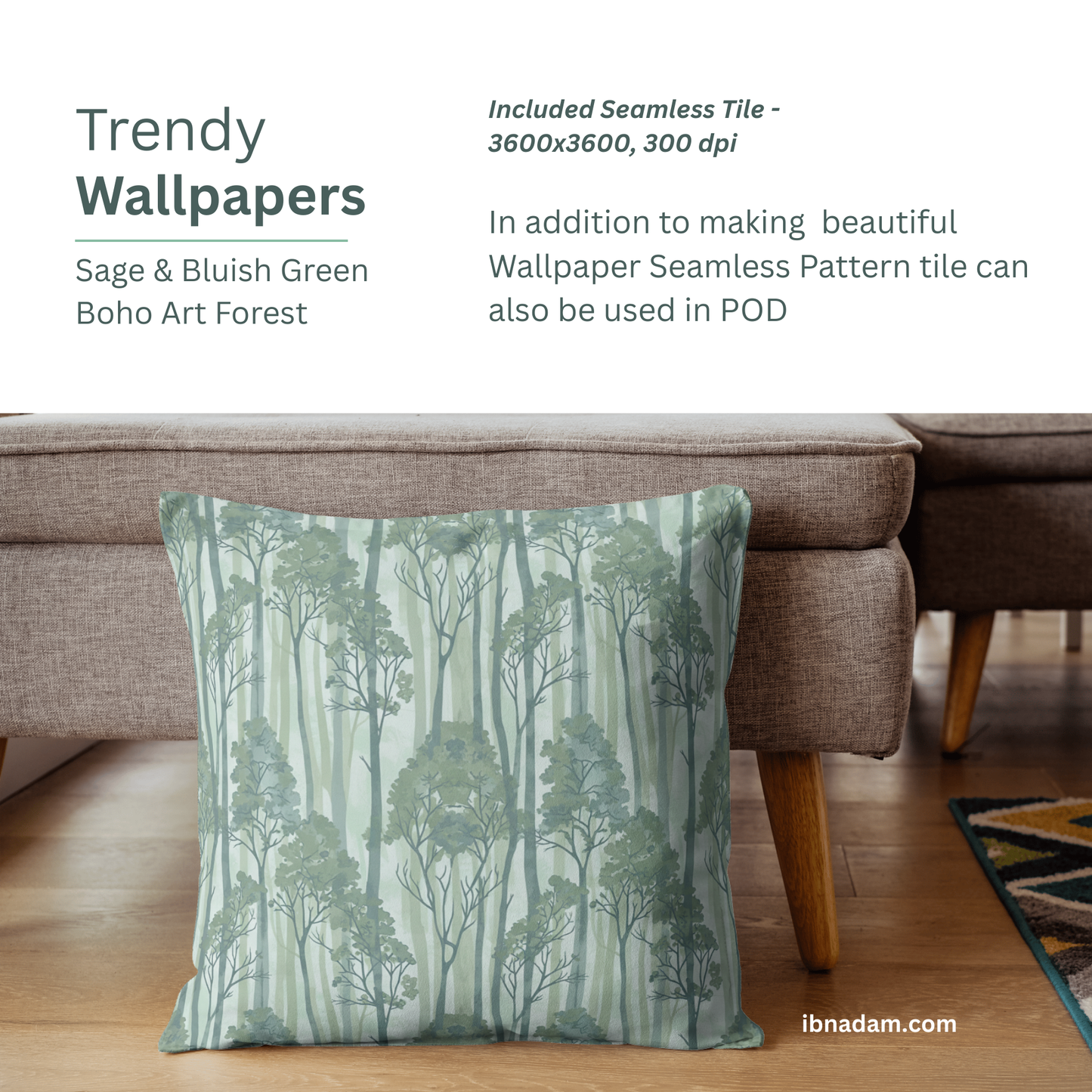 Seamless Sage Green Forest Trees Pattern | Boho Digital Art Download for Wallpaper, Fabric, Gifts & Crafts