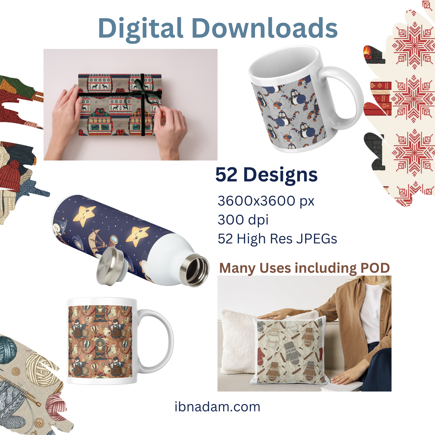 Winter Seamless Patterns | 52 Digital Paper Designs | Christmas Backgrounds, Scrapbook, Wrapping Paper