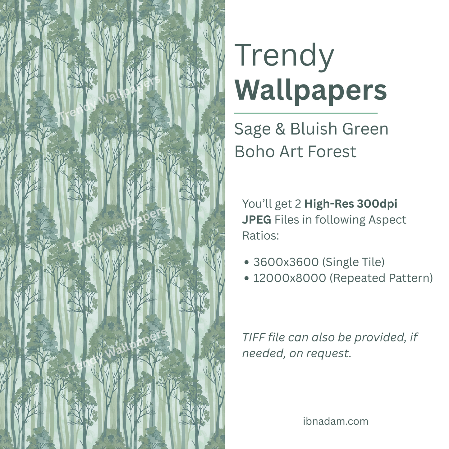Seamless Sage Green Forest Trees Pattern | Boho Digital Art Download for Wallpaper, Fabric, Gifts & Crafts