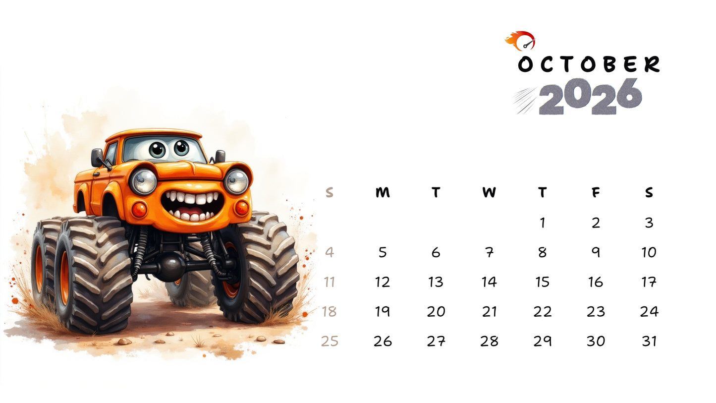 Cars - Printable 2026 Calendar | Watercolor Cars Cartoon Clipart | Monthly Wall Art | PDF + 13 JPEG Files