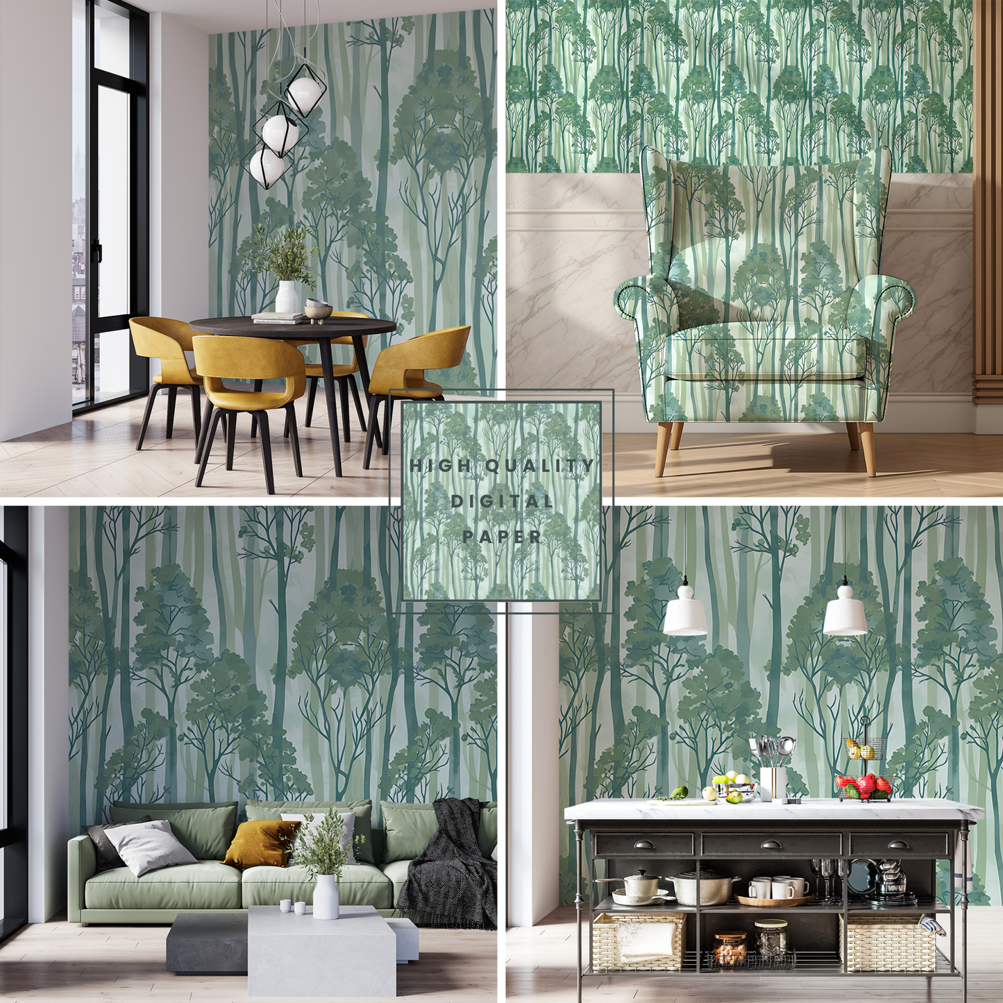 Seamless Sage Green Forest Trees Pattern | Boho Digital Art Download for Wallpaper, Fabric, Gifts & Crafts