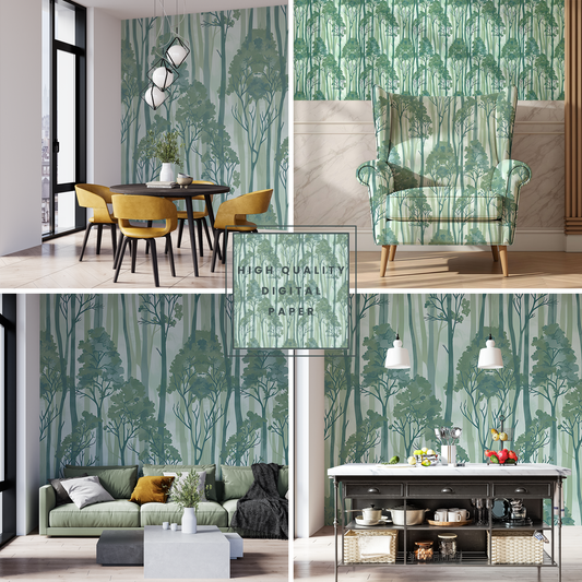 Seamless Sage Green Forest Trees Pattern | Boho Digital Art Download for Wallpaper, Fabric, Gifts & Crafts
