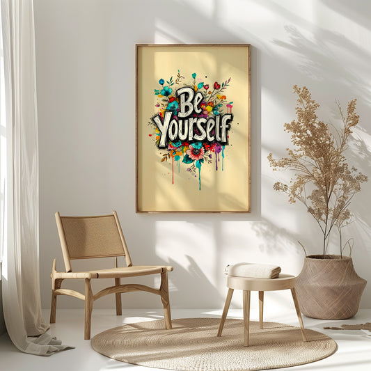 Set of 2 - Minimalist Motivational Wall Art | Be Yourself Floral Quote Prints | Digital Download, Printable Artwork for Home & Office Decor
