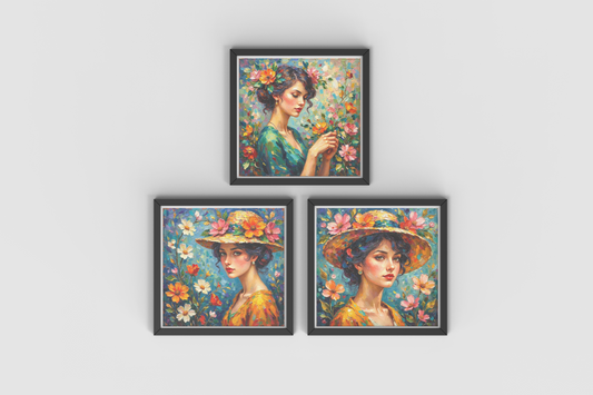 Beautiful Women Art Nouveau Prints – Digital Wall Art Set of 4, Elegant Vintage Style, High-Res Square Art
