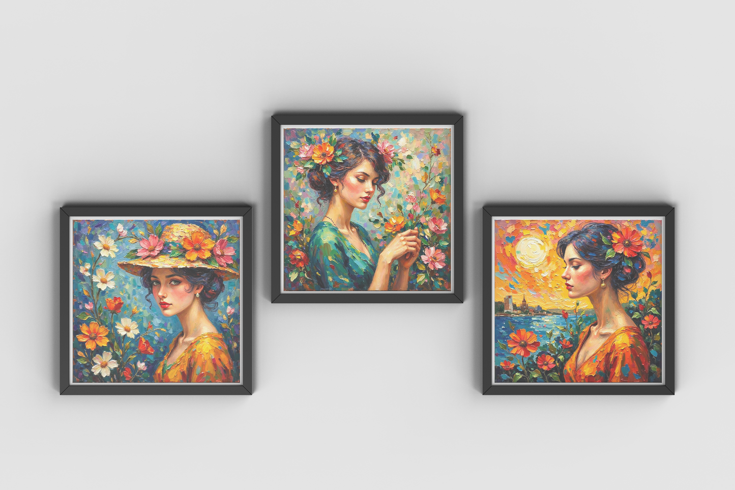 Beautiful Women Art Nouveau Prints – Digital Wall Art Set of 4, Elegant Vintage Style, High-Res Square Art