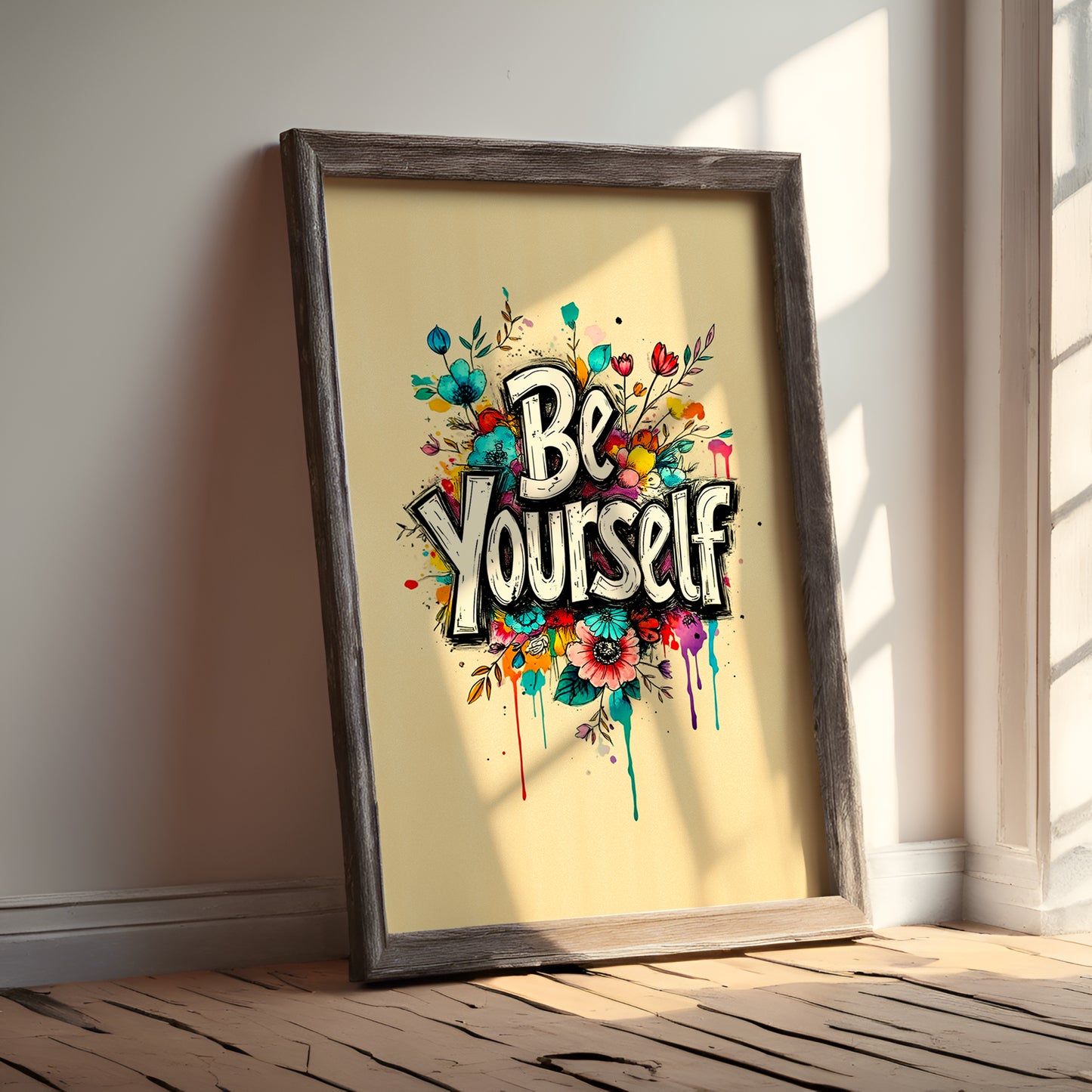 Set of 2 - Minimalist Motivational Wall Art | Be Yourself Floral Quote Prints | Digital Download, Printable Artwork for Home & Office Decor