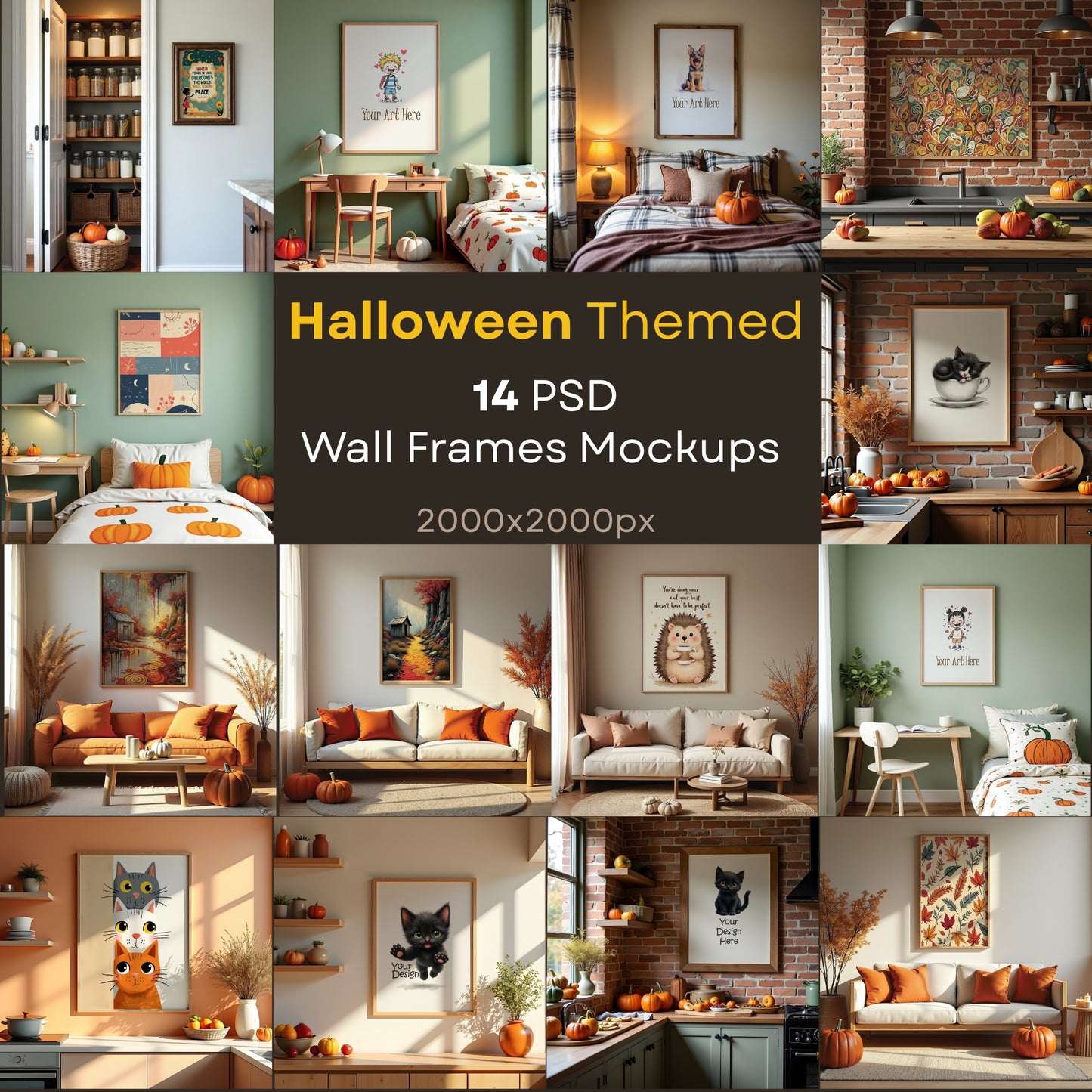 Showcase Art with PSD Frame Mockups for Wall Arts | 14 'Halloween Themed' Mockup Bundle + FREE Puppy 2026 Calendar (PDF) | Digital Download