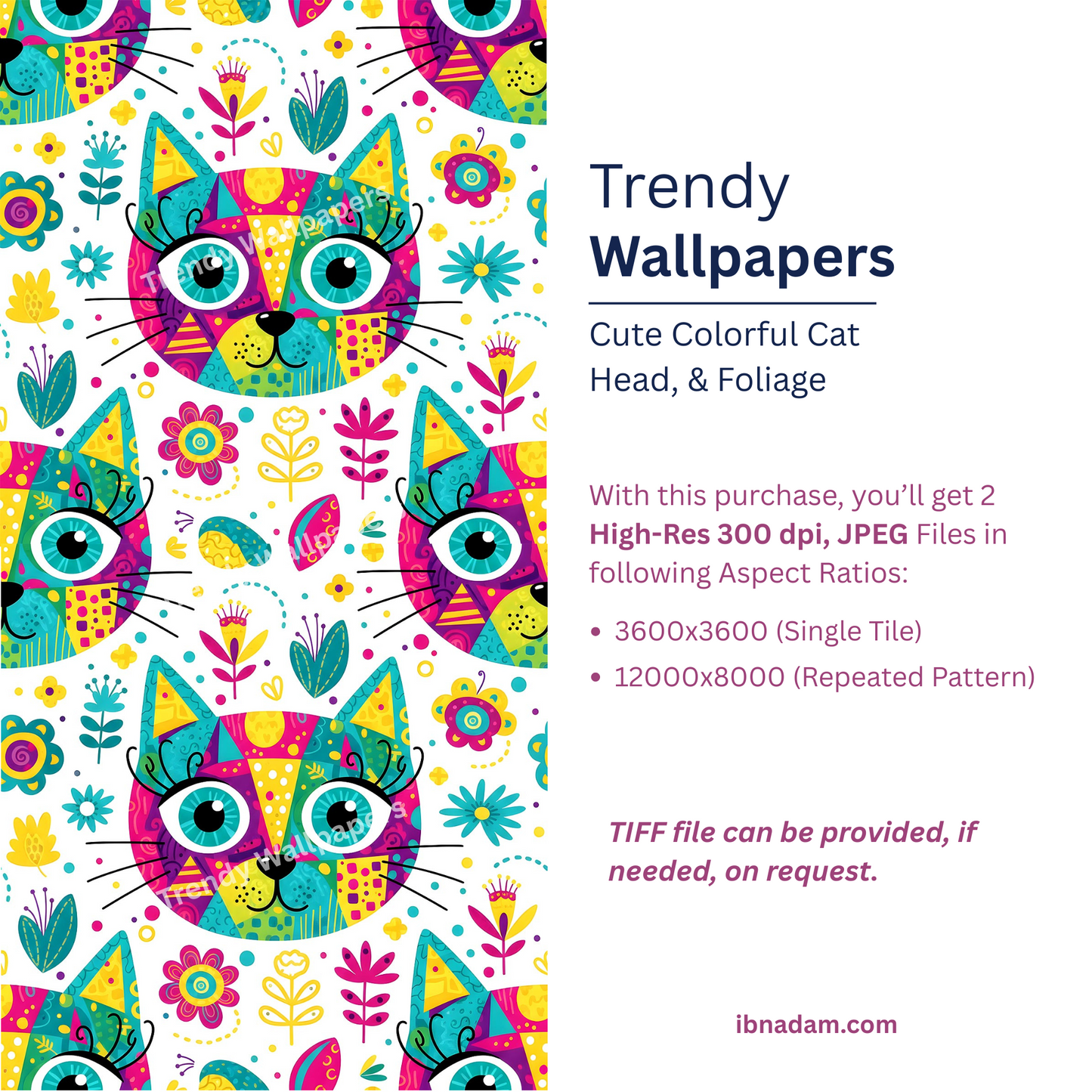 Seamless Cat Head Pattern | Cute Colorful Foliage Digital Download for Wallpaper, Fabric, Gifts & Crafts