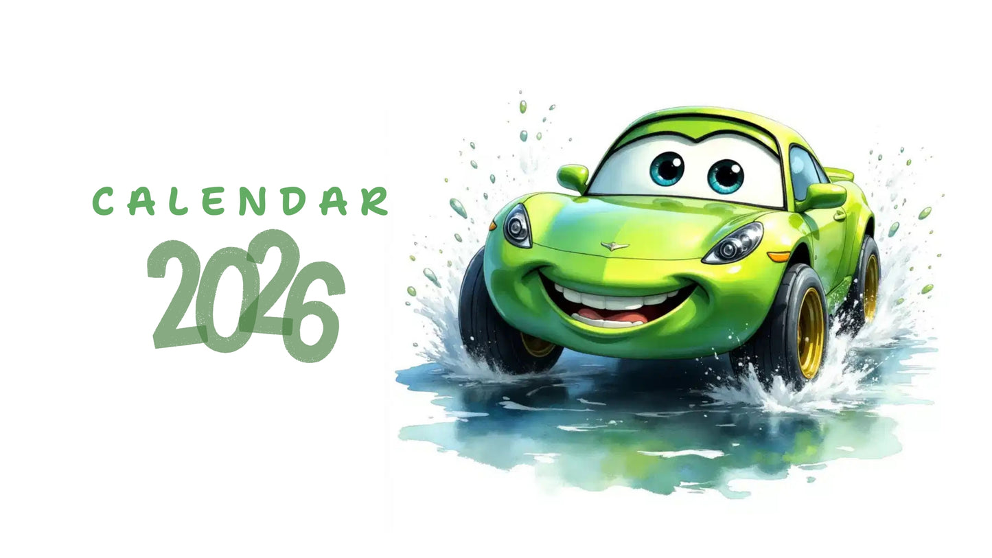 Cars - Printable 2026 Calendar | Watercolor Cars Cartoon Clipart | Monthly Wall Art | PDF + 13 JPEG Files