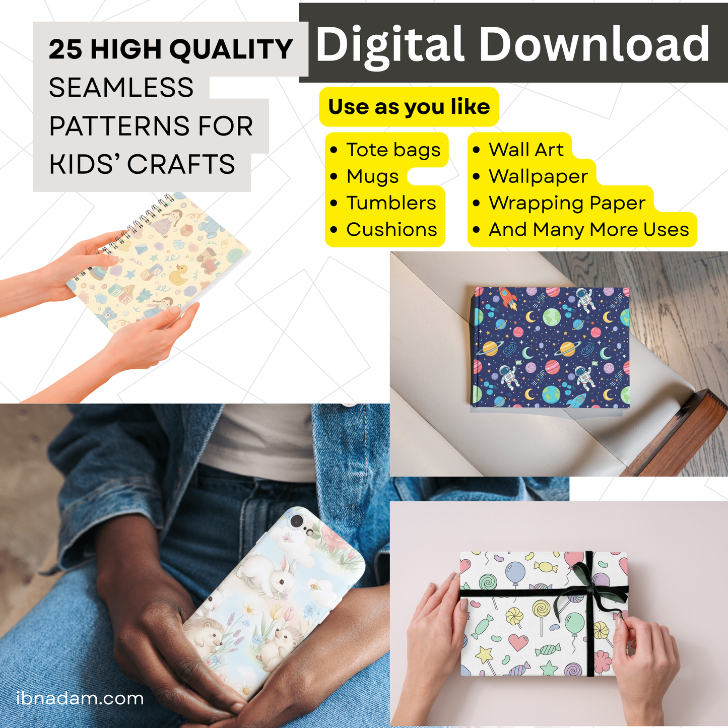 25 Seamless Patterns Pack for Kids' Craft | High Quality Designs | Digital Download & Useable in Multiple Crafts like Wallpapers, POD items