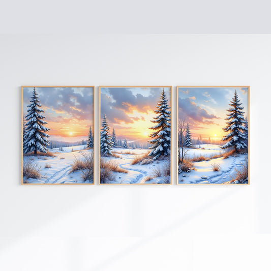 Sunrise Over Snowy Landscape | Winter Morning Digital Wall Art | Printable Nordic Scenery Set of 3