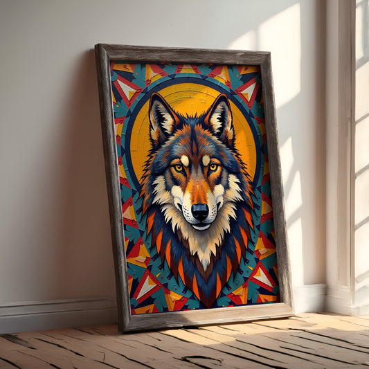 Wolf Geometric Art Print – Navajo-Inspired Wall Art, Bold Vector Design, Digital Download High-Res