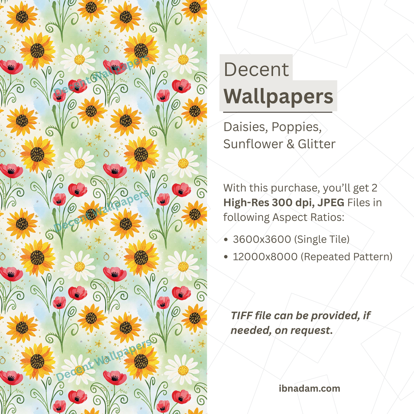 Whimsical Floral Wallpaper | Daisy, Poppy & Sunflower Digital Art | Elegant Seamless Pattern | Printable Wall Decor