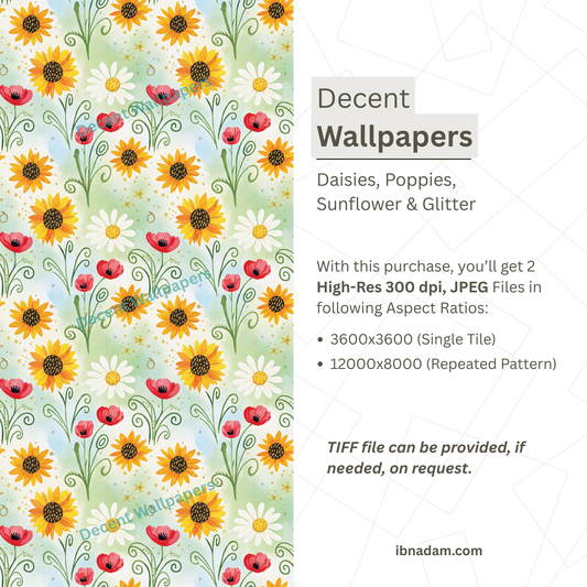 Whimsical Floral Wallpaper | Daisy, Poppy & Sunflower Digital Art | Elegant Seamless Pattern | Printable Wall Decor