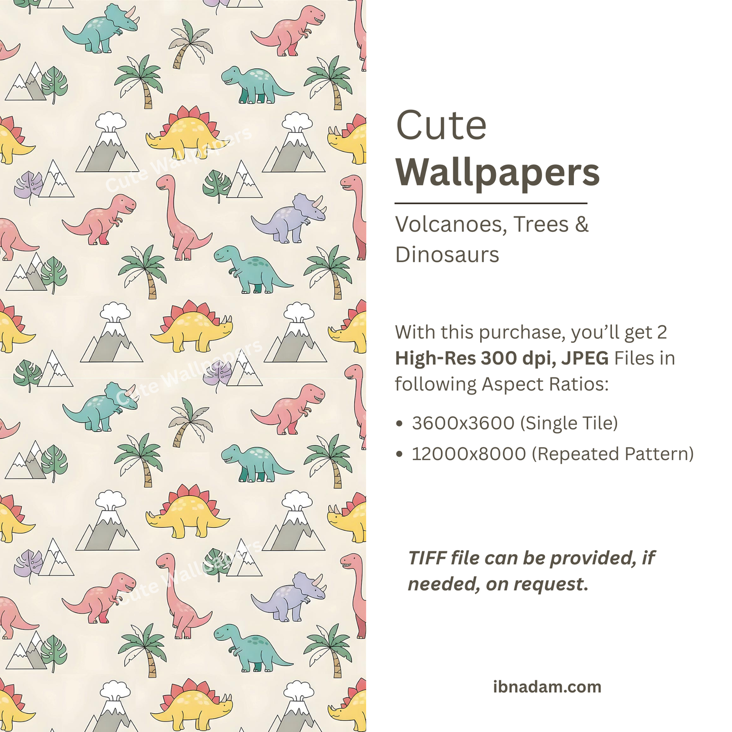 Dinosaur Volcano Wallpaper | Kids Room Digital Art Download | Nursery Seamless Pattern | Printable Wall Decor
