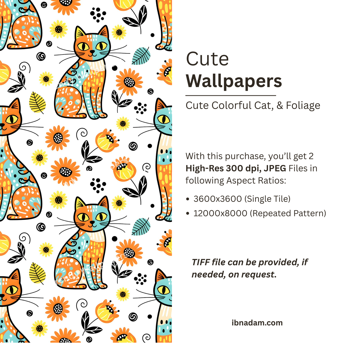 Cat and Foliage Cute Wallpaper | High Quality Seamless Digital Paper for Wallpaper, Fabric, Gifts & Crafts
