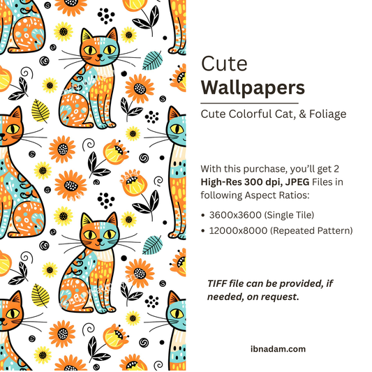 Cat and Foliage Cute Wallpaper | High Quality Seamless Digital Paper for Wallpaper, Fabric, Gifts & Crafts