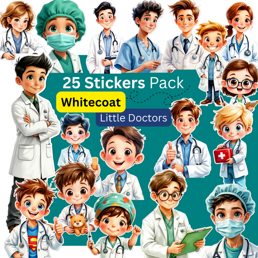 25 PNG Stickers | Cute Medical Clipart Digital Download | Whitecoat Kids Stickers for Crafts, Mugs, Tumblers, Phone Case, Wrapping