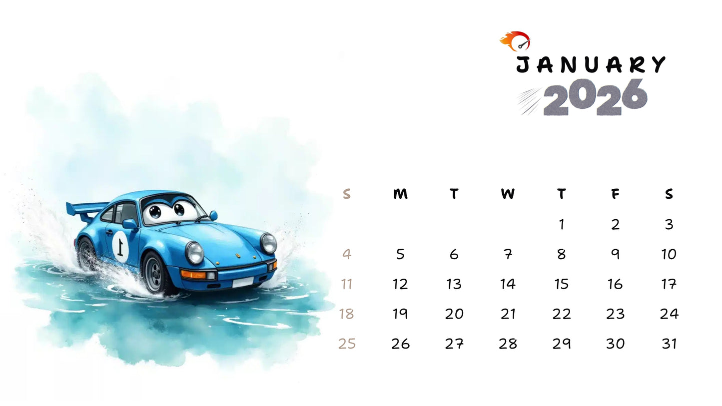 Cars - Printable 2026 Calendar | Watercolor Cars Cartoon Clipart | Monthly Wall Art | PDF + 13 JPEG Files