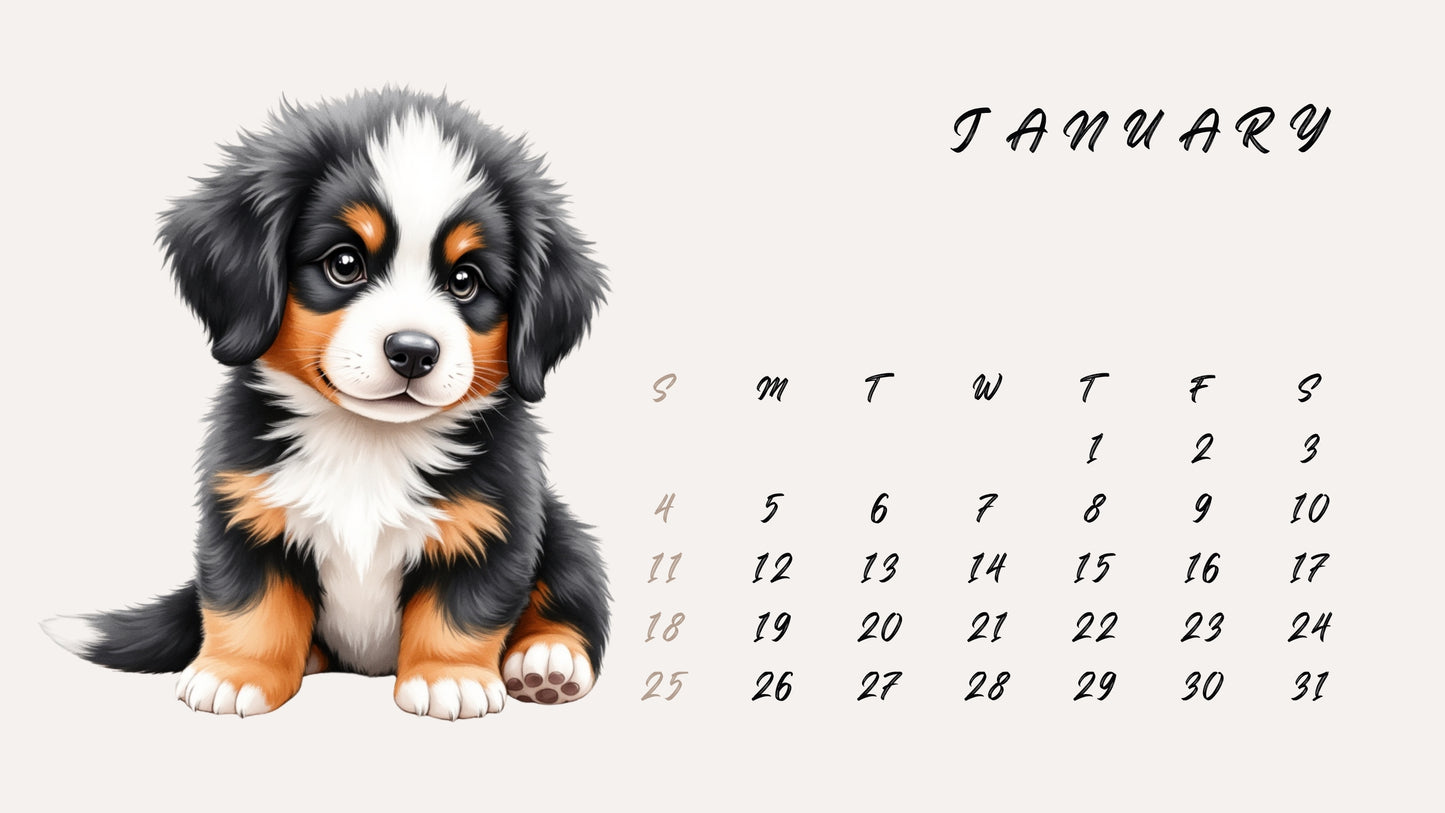 Cute Pups - Printable 2026 Calendar | Watercolor Puppies Clipart | Monthly Wall Art | PDF + 13 JPEG Files