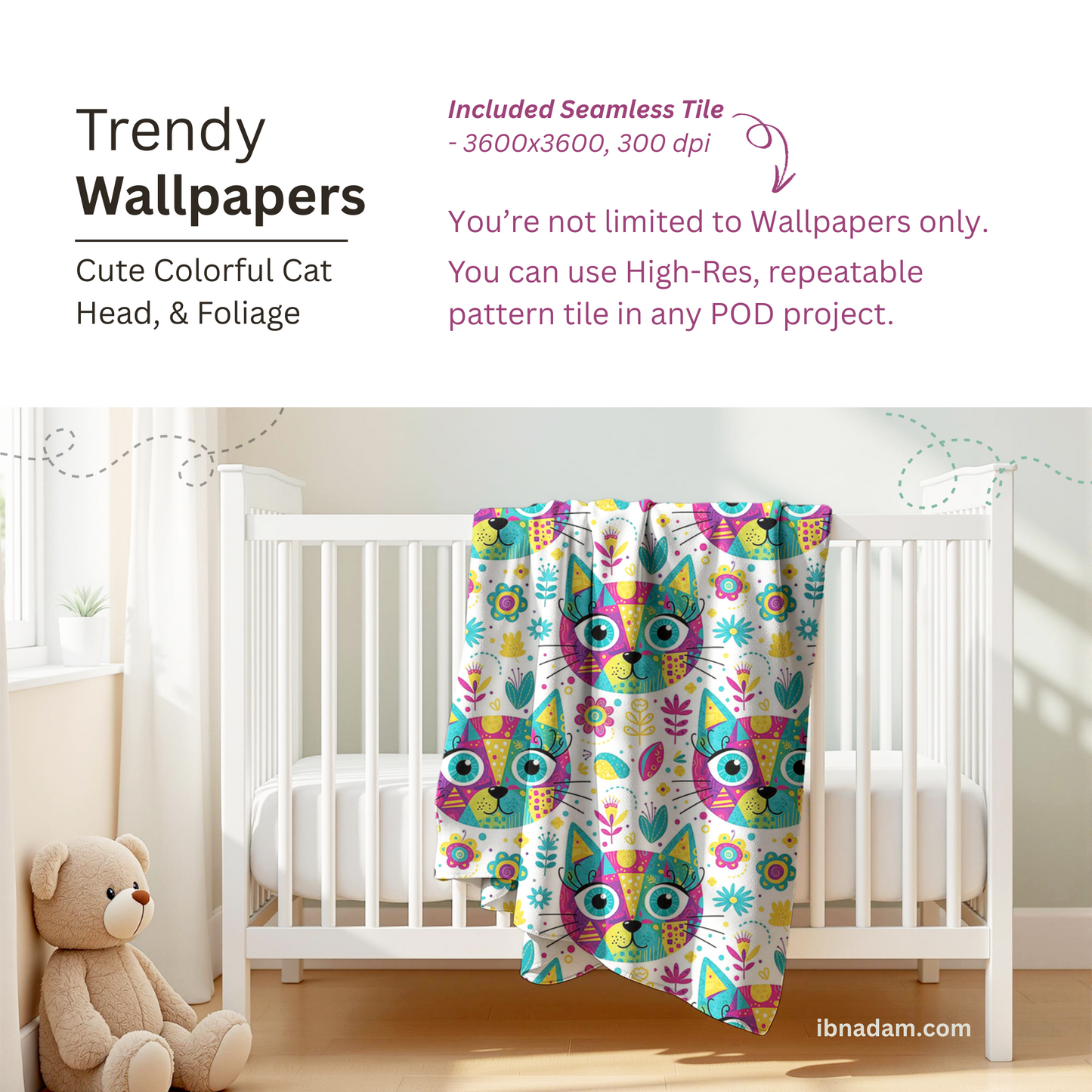 Seamless Cat Head Pattern | Cute Colorful Foliage Digital Download for Wallpaper, Fabric, Gifts & Crafts