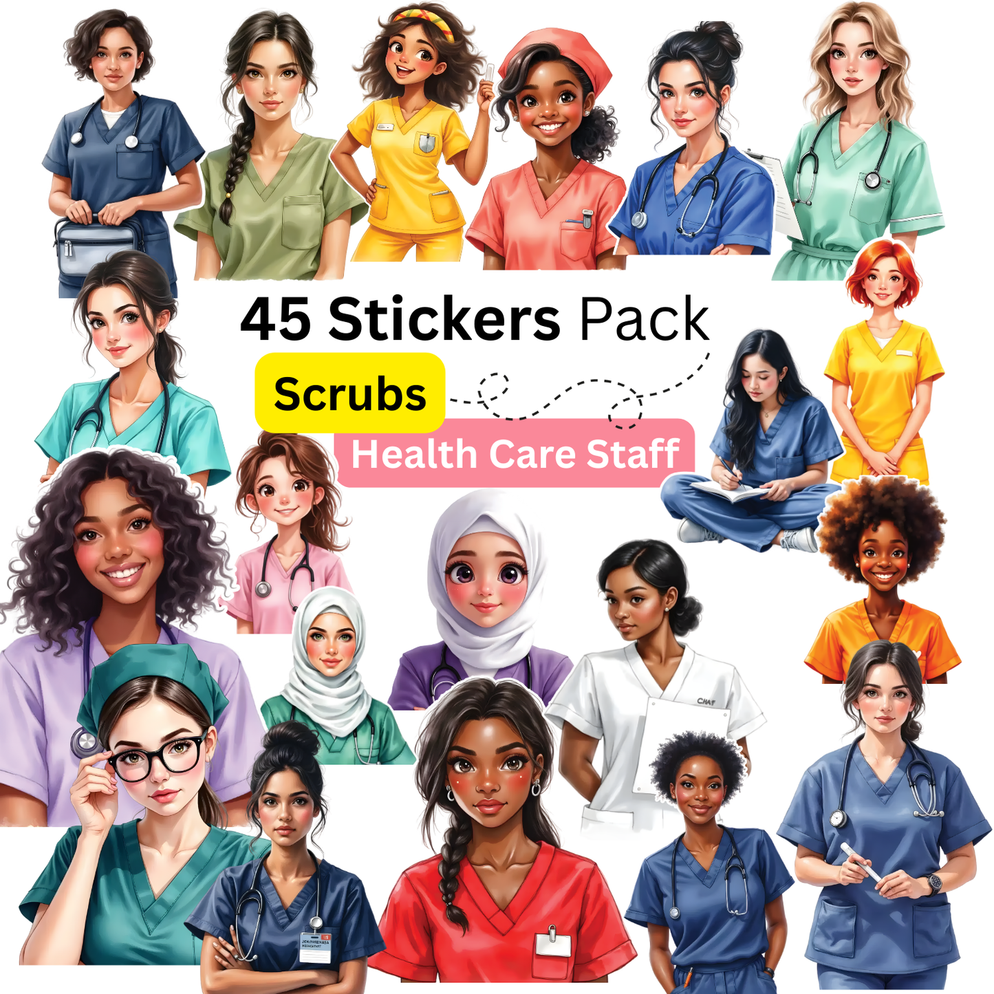 90 PNG Scrubs Stickers (Pack-1 & 2 Bundle) | Healthcare Staff Digital Art Download | Nurse Doctor Medical Clipart | Transparent PNG Files