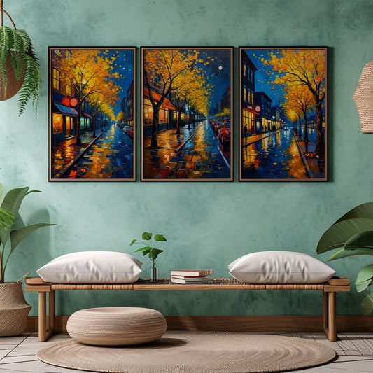 Night Street Wall Art – Digital Oil Painting Set of 3, Rainy Fall Season City Prints, Instant Download