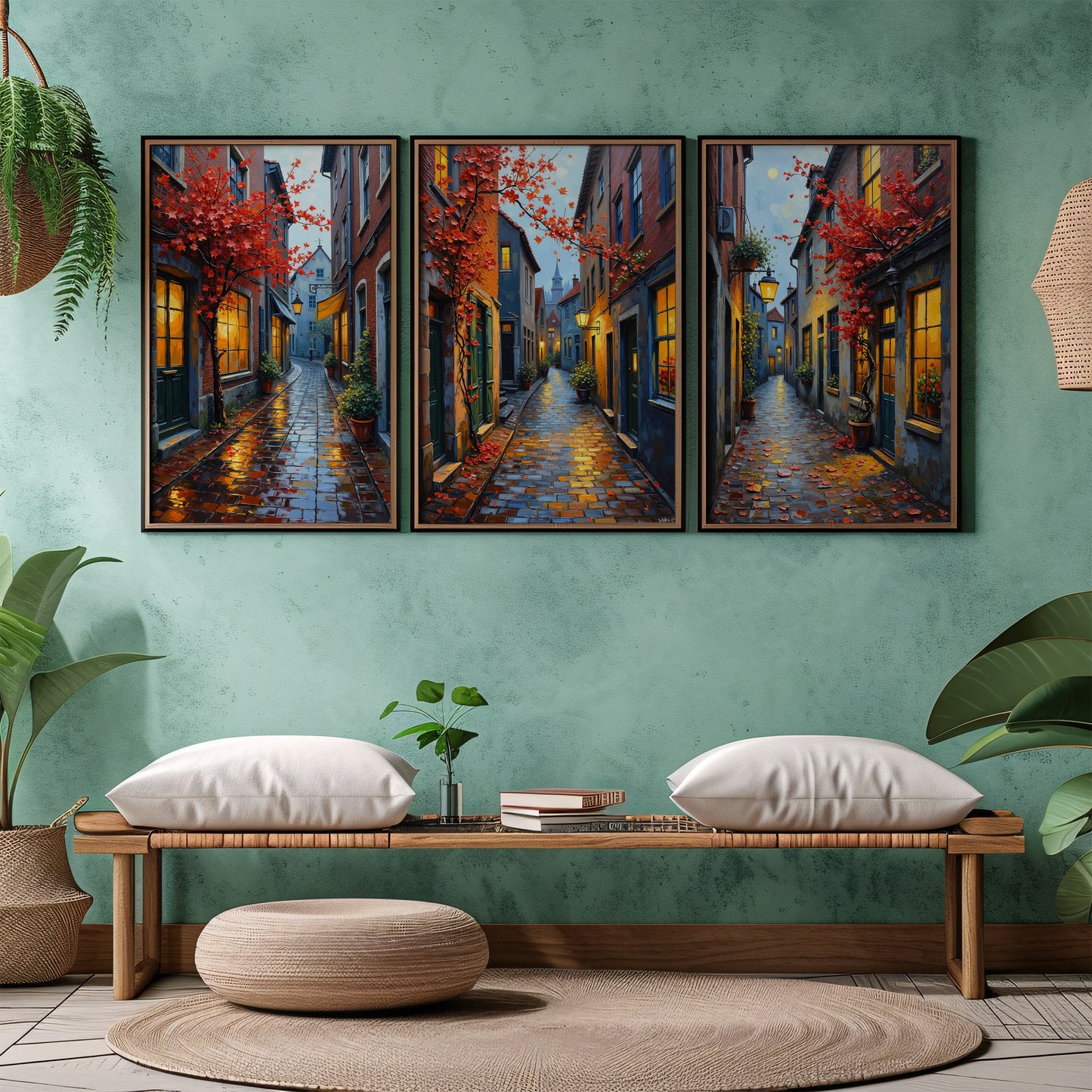 European City Street Art – Digital Oil Painting Set of 3, Fall Cobblestone Alley Prints, Instant Download