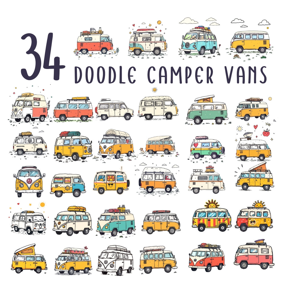Doodle Campers Stickers Pack | 34 Digital Stickers | Suitable for Crafts, Mugs, Tumblers, Wrapping Paper