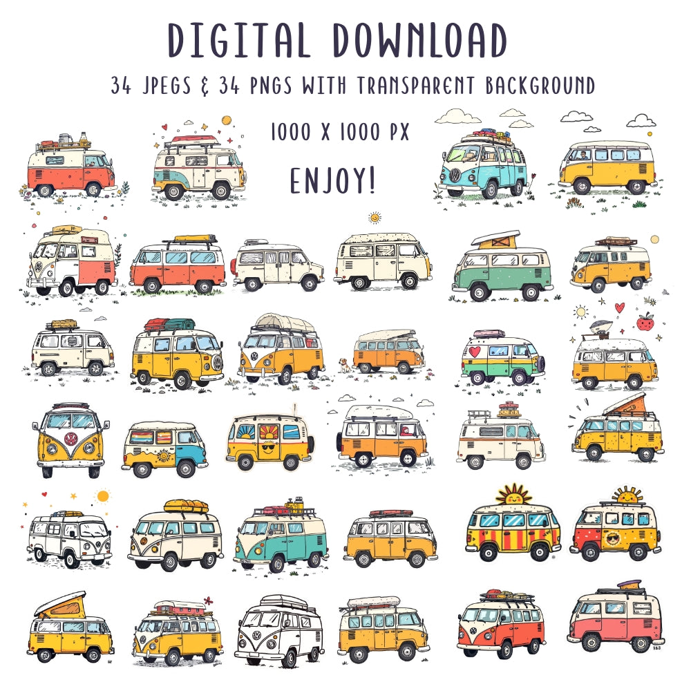 Doodle Campers Stickers Pack | 34 Digital Stickers | Suitable for Crafts, Mugs, Tumblers, Wrapping Paper