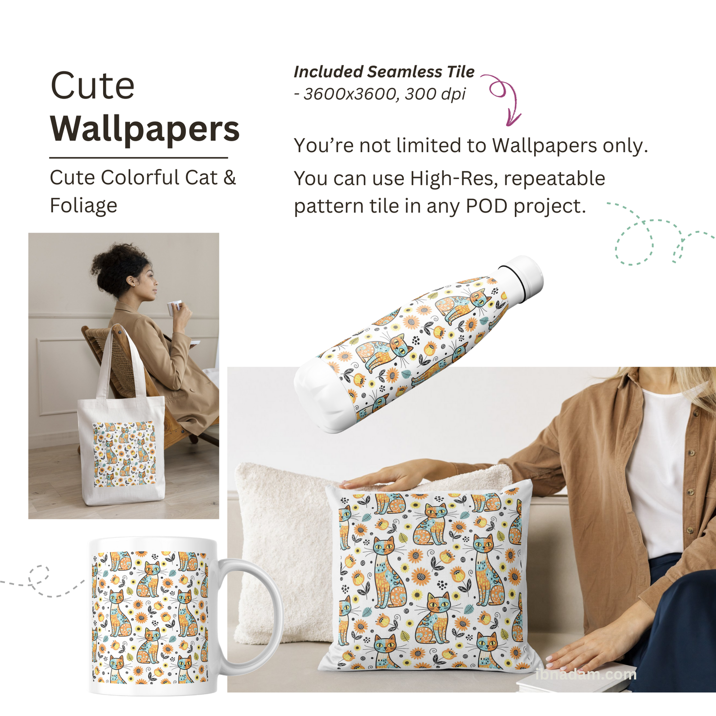 Cat and Foliage Cute Wallpaper | High Quality Seamless Digital Paper for Wallpaper, Fabric, Gifts & Crafts