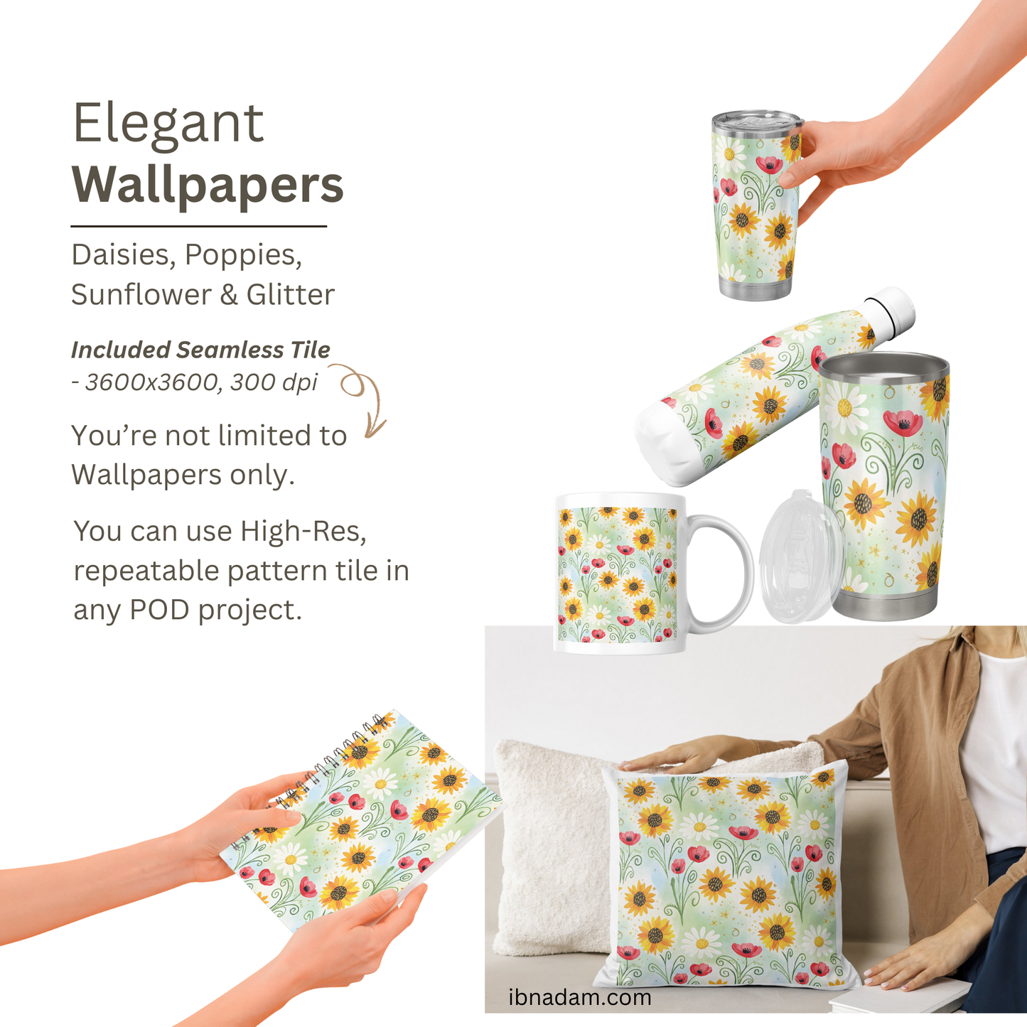 Whimsical Floral Wallpaper | Daisy, Poppy & Sunflower Digital Art | Elegant Seamless Pattern | Printable Wall Decor