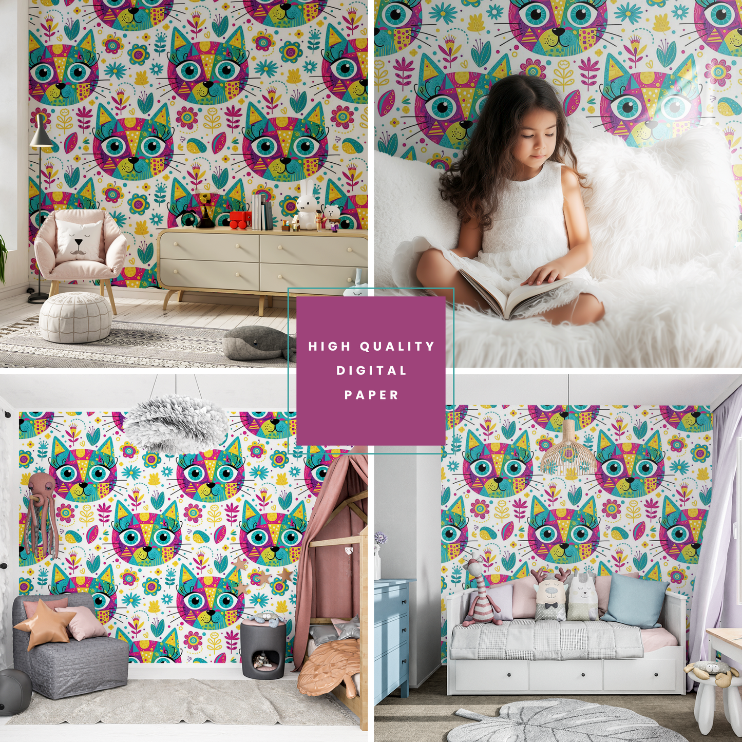 Seamless Cat Head Pattern | Cute Colorful Foliage Digital Download for Wallpaper, Fabric, Gifts & Crafts