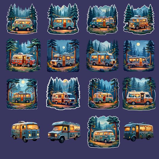 30+ Camper Van Stickers (Pack 1) | Retro Van PNG Bundle | High Quality Sticker Set | Printable Camping Clipart