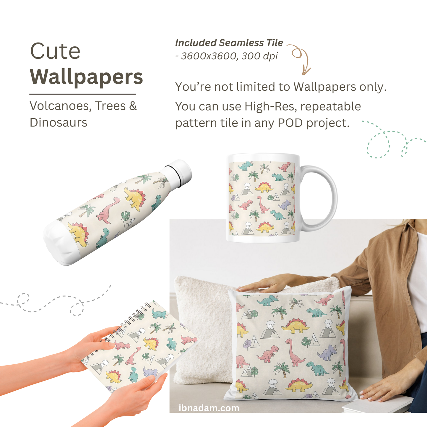 Dinosaur Volcano Wallpaper | Kids Room Digital Art Download | Nursery Seamless Pattern | Printable Wall Decor